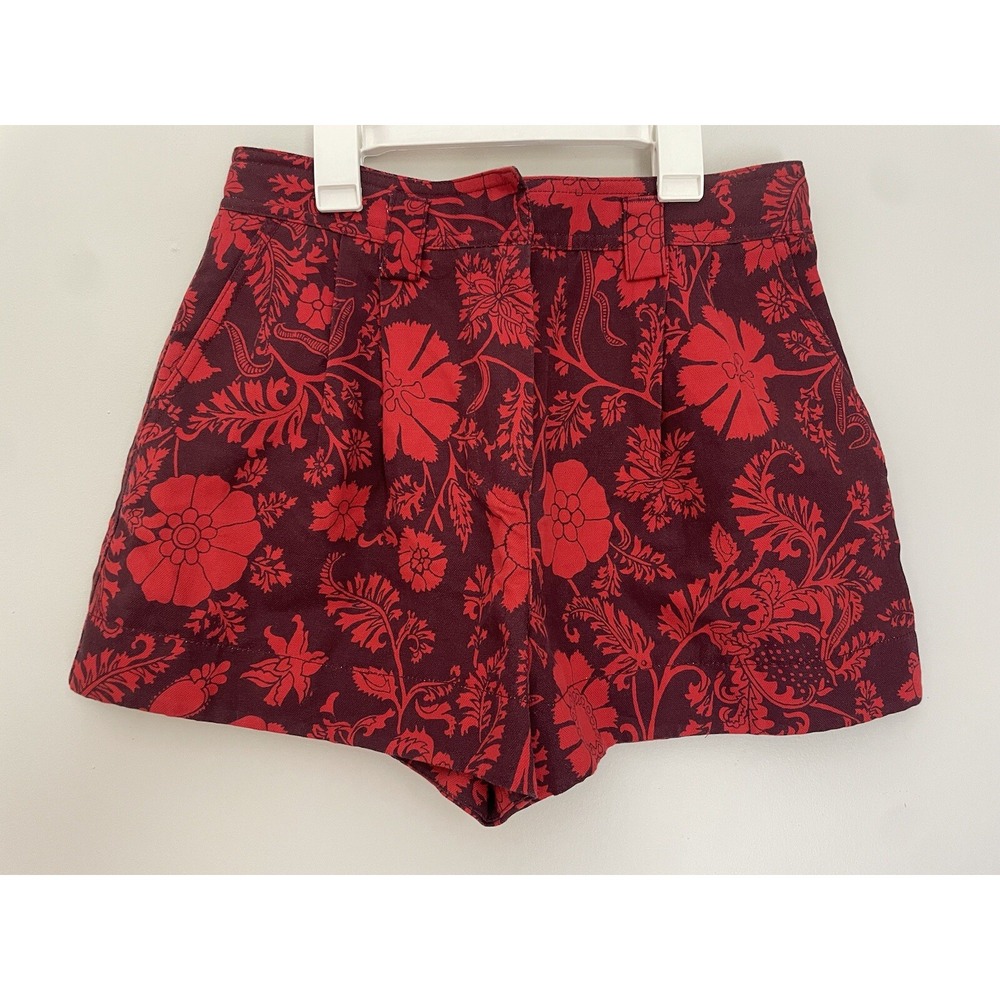 Jill Stuart‎ Shorts 8 Canvas High Rise Linen Blend Pleated Floral Red Burgundy